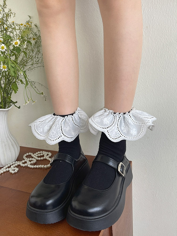 Floral White Pattern Socks Trim Calf with Black/White Lace