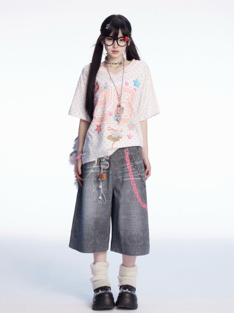 Waist Chains Print Faded Wash Wide-leg Jeans Gray Low