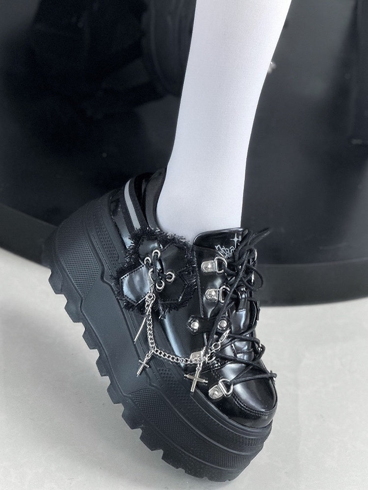 Detachable Black With Punk Front Charm Ties Design Platform Chain Lace-up Cross Shoes