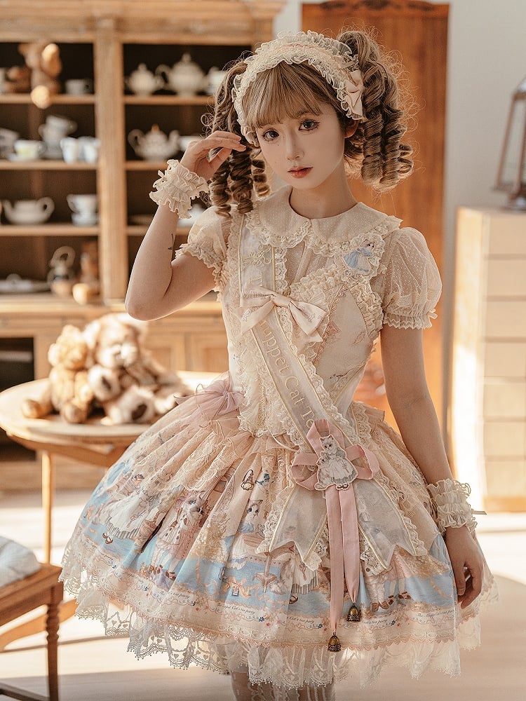 Kleid Volles Mieder Print Teeparty Korsett Set Lolita Kitty Sweet JSK Beige
