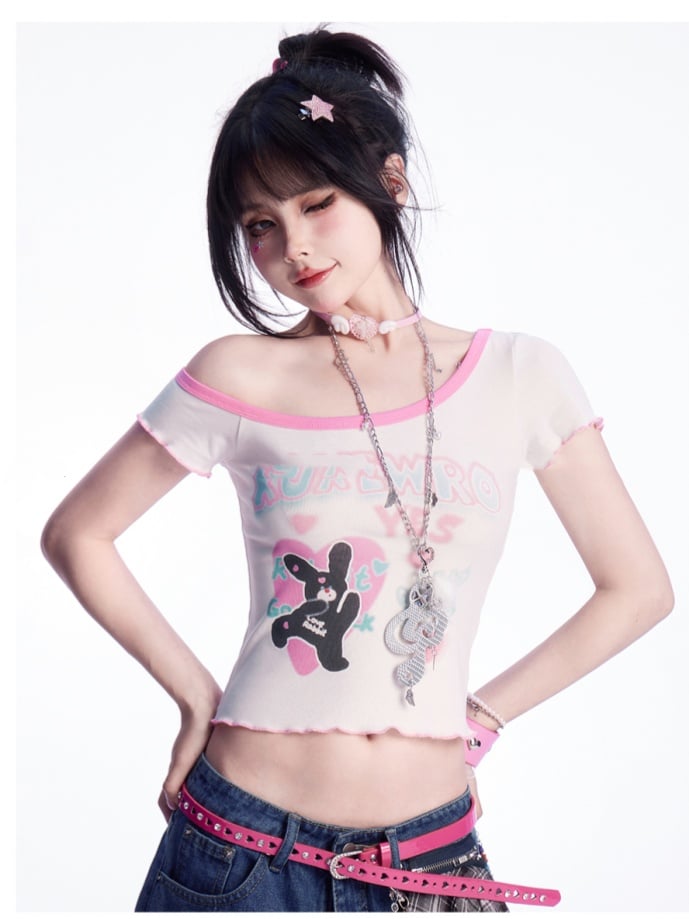 Asymmetrical Neckline Cute Bunny Print Pink Lettuce Hem White