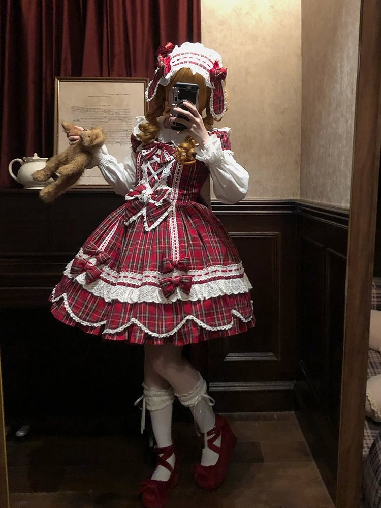 mit Lolita-Scalloped und Puff Trim Schleife Akzente süße Plaid Rand Ärmel rot
