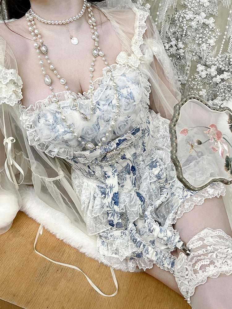 Porcelain + Corset Blue Neckline Rococo Outfit Chinoiserie White Skort Sweetheart and Top