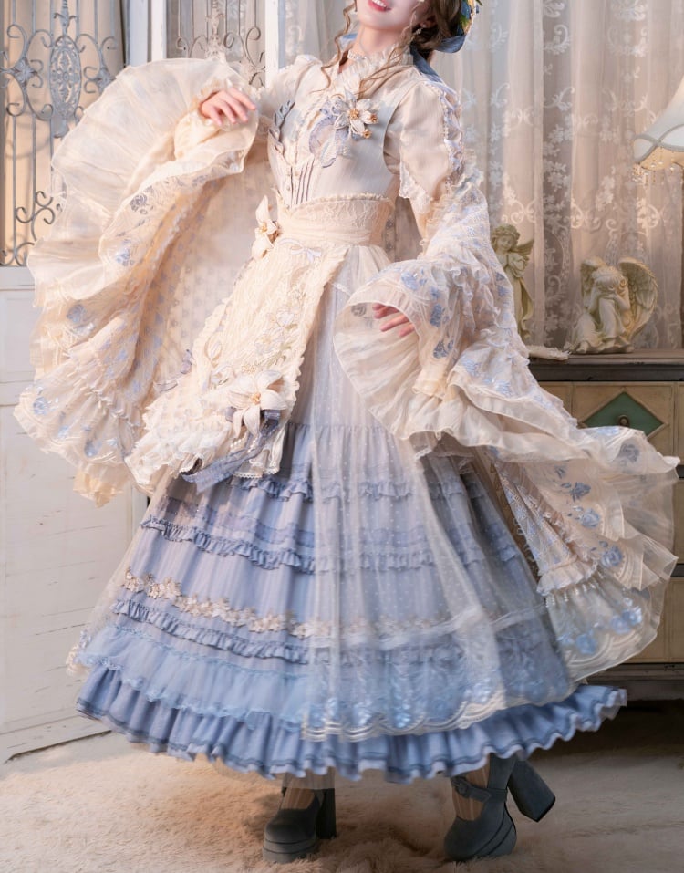 ユリの刺繍アップリケレイヤードヘムブルークラシックロリータドレスフロントボタンプラケット