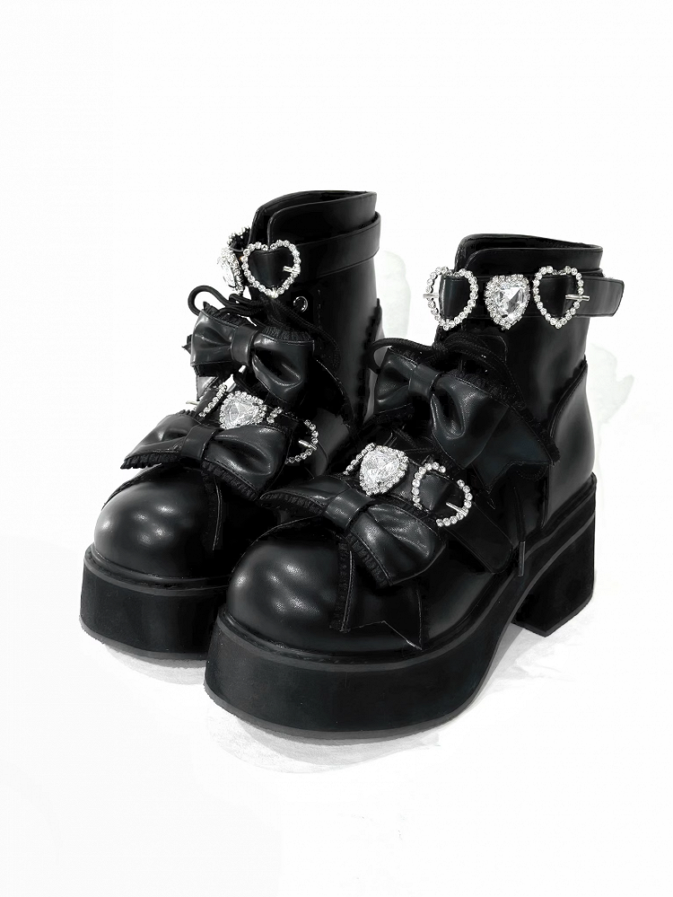 Schnürstiefel mit Jirai-Schnallen und Strasssteinen, Plateau-Stiefel, matt, Sweetheart, kurzer Knöchel, Kei, Schwarz