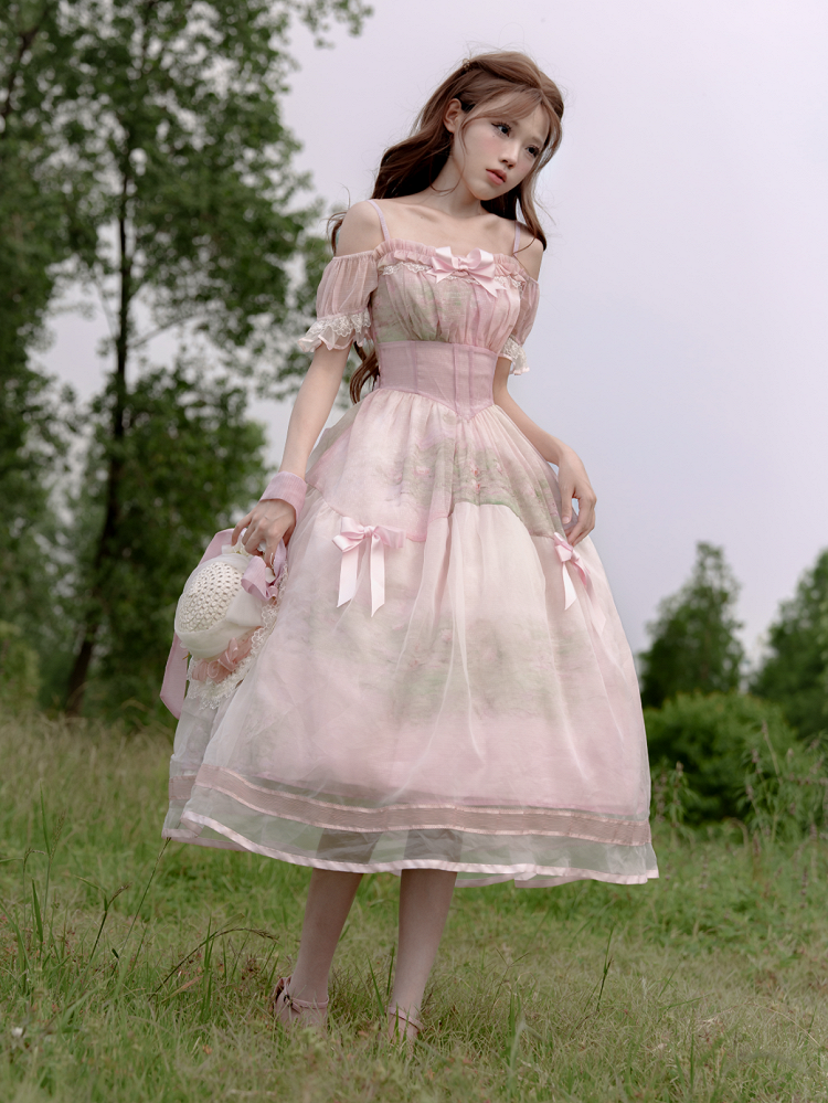 Painting Dress with Organza Overlay Oil Pink Water Lily Print Basque Waist Light