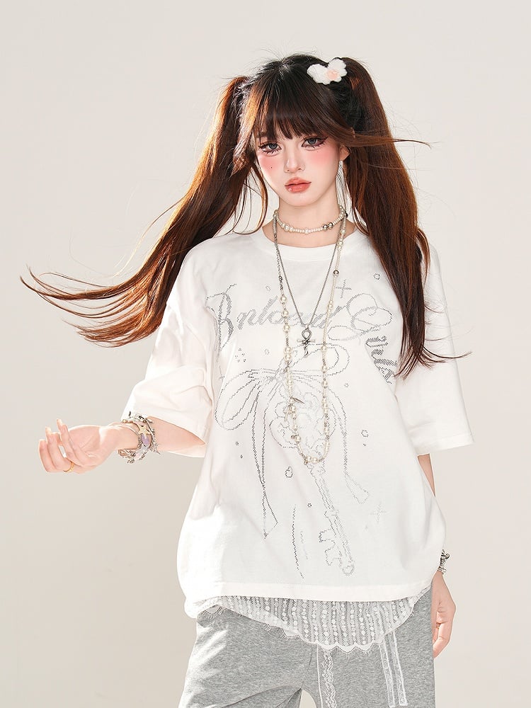 T-Shirt Loose Blue/White Key and Bowknot Print Lace Trim