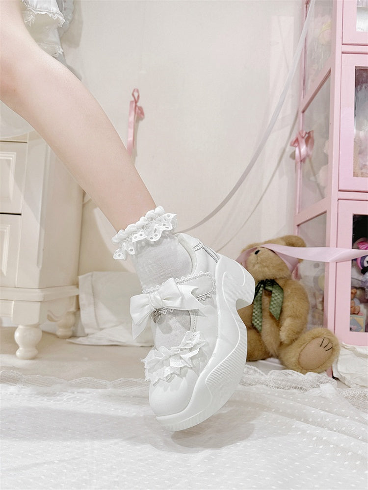 White Jirai Kei Velcro Platforms Lace Trim Bowknot Closures Strap