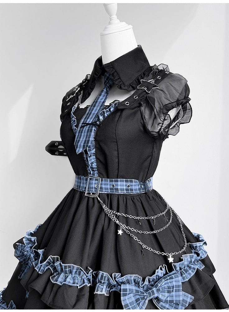 Full Shoulder Set and Blue Plaid Skirt Idol Lolita Dress Tiered Cutout Black