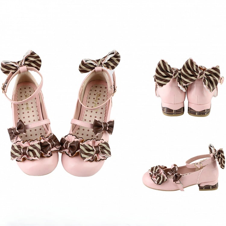 Details Muster Gestreift RosaBraun Herz Schuhe Schnalle Lolita Bowknot