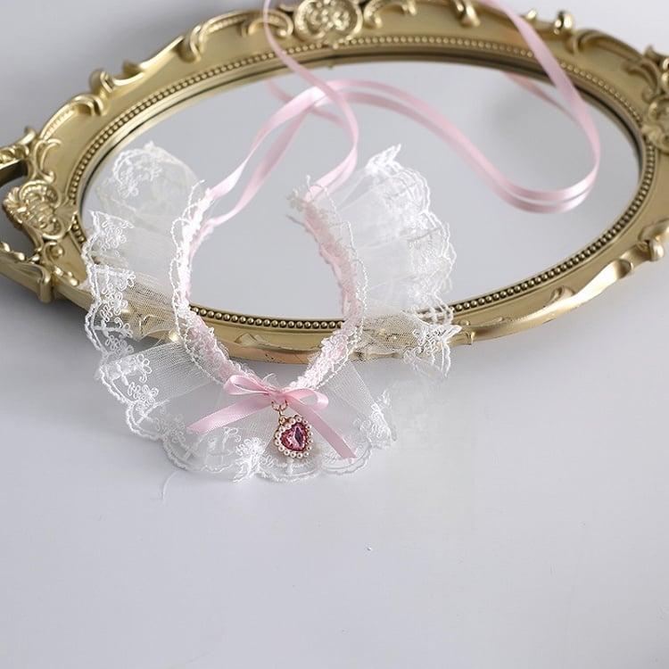 Spitzenhalsband mit Herz, weiß, rosa, Charm, Schleife und süß