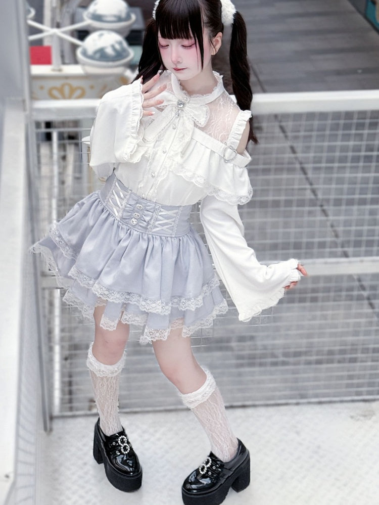 Bell Sleeves Open Shoulder with Blouse White Jirai Kei Three-Piece Set: