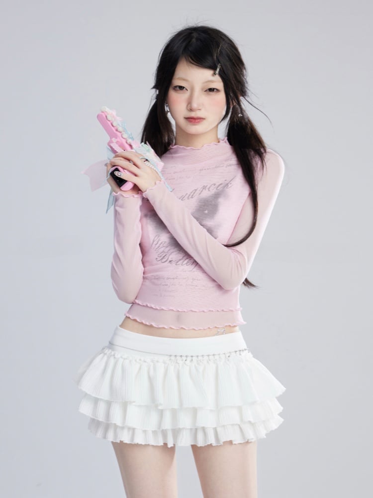 Pink/White Semi-sheer Top Butterfly Print Lettuce Hem Mesh