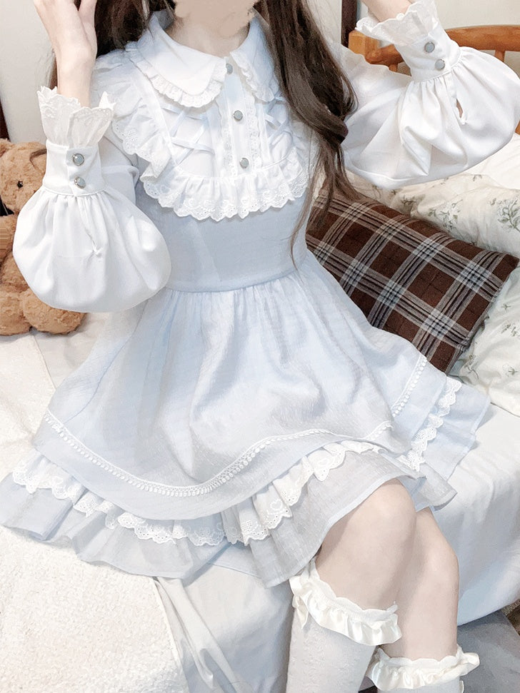 Tenshi Kaiwai - Robe Jirai Kei bleue à col claudine et bordure en dentelle à volants