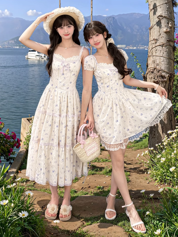 Kei Floral Dress Mori Beige Square Neckline and Short Puff Sleeves
