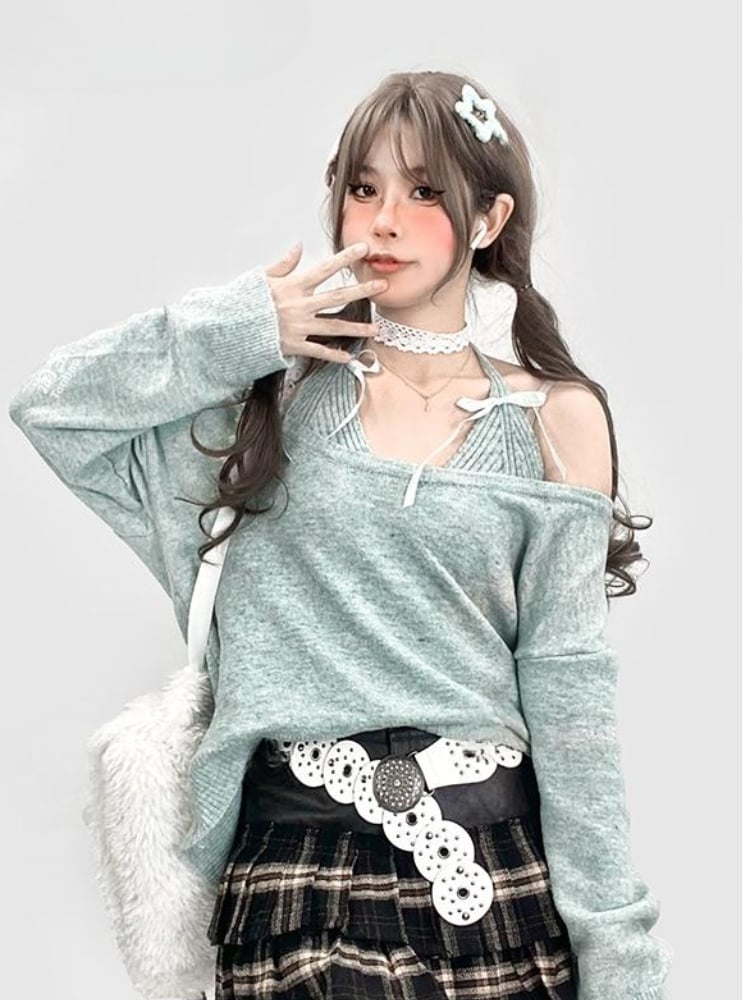 Mintgrüner Neckholder-Strickpullover mit Fake-Zweiteiler