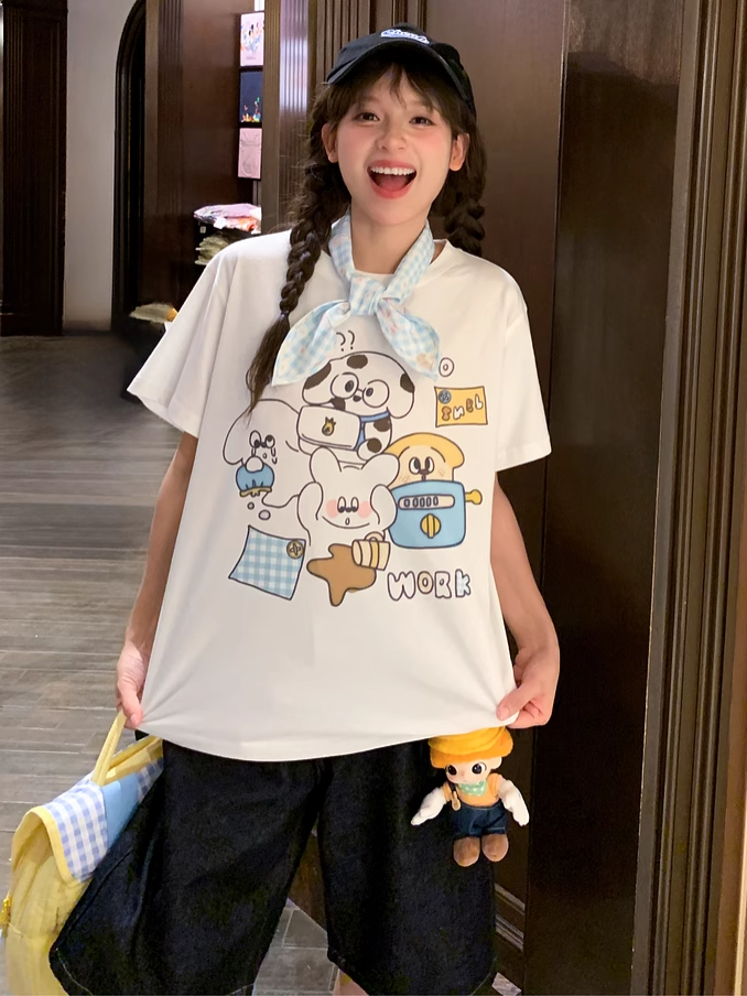 Cotton T-shirt Adorable Animal Print White Round Neck Loose