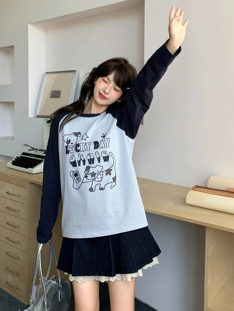 Top White/Blue Colorblock Design Adorable Puppy Print Loose