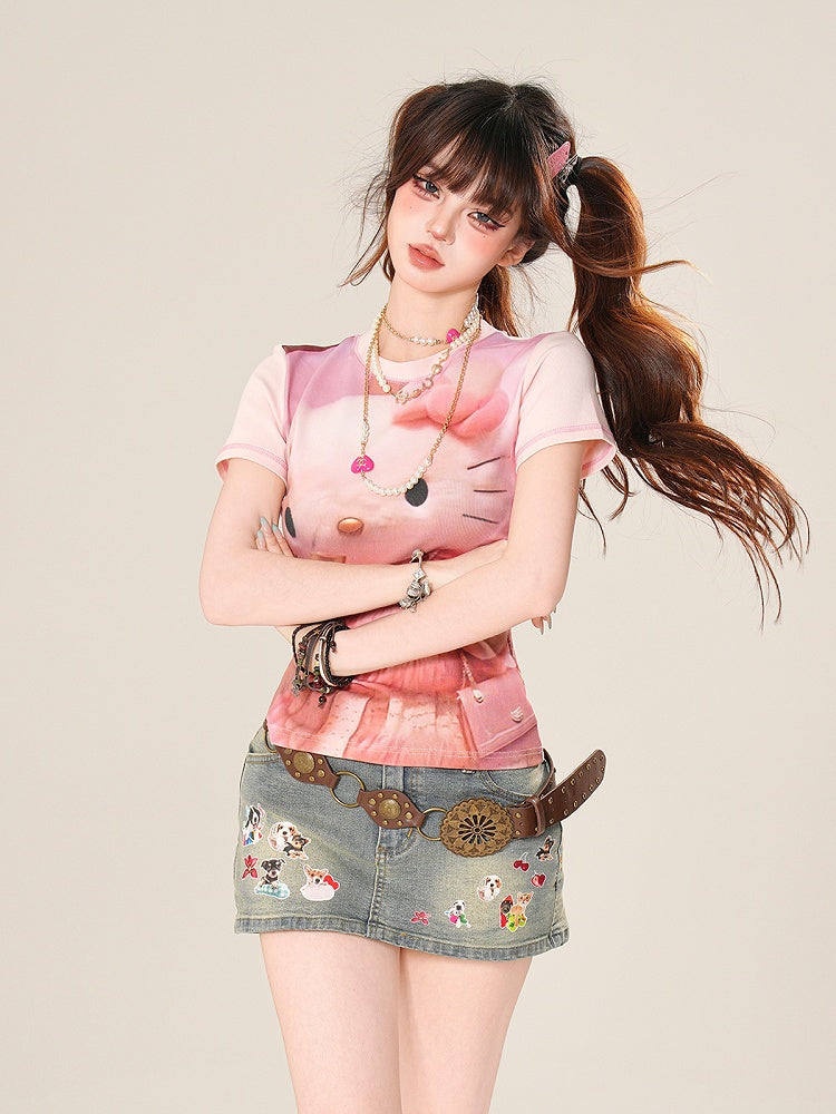 Denim Skirt Bodycon Mini Adorable Puppy Print Blue