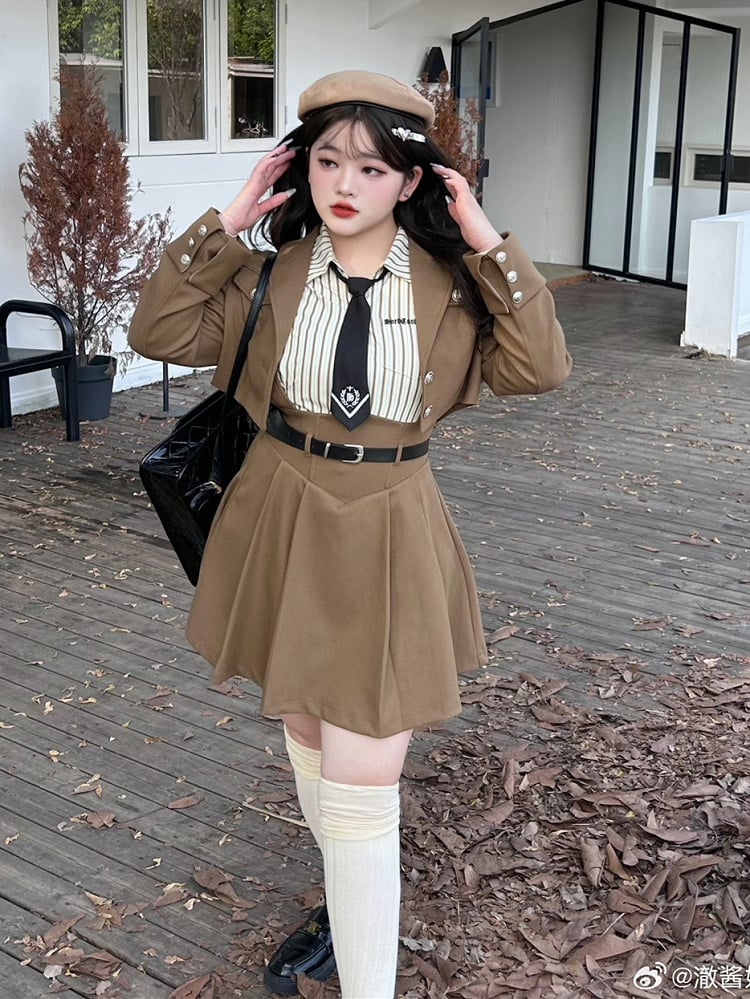 Coffee - Size Suspender Waist Preppy High Plus Skirt Overalls