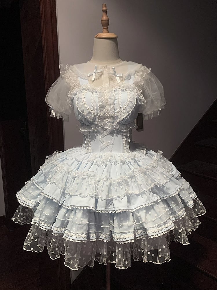 Polka-dot Hime Lolita Hanayome Lolita Dress Pattern Heart Blue JSK Ruffled Heart Front