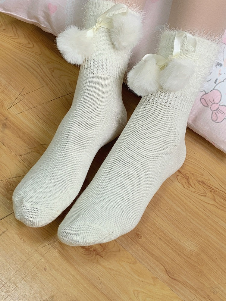 Pompon Daily Charm Weiße Selbstbindesocken mit Riemen Kawaii