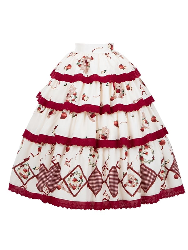 Red Apples Print Tiered Hem Cottagecore Lolita Skirt