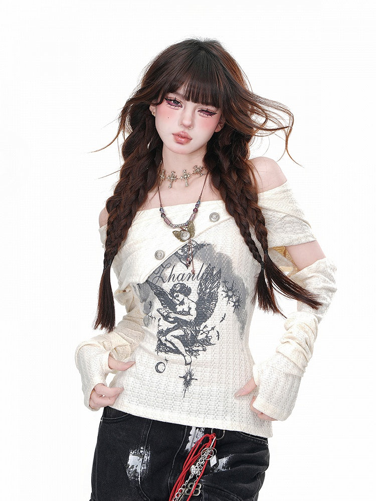 Apricot/Black Asymmetrical Neckline Angel Print Detachable Buttons Glamorous Knitted Top