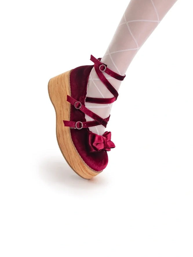 Straps Mary Crisscross - Platform Velvet Accents Lolita Bow Wine Sweet Red Janes