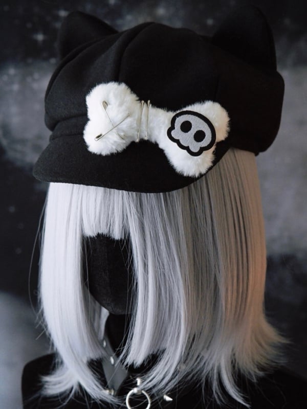 Applikation Baskenmütze Knochen Pin Katze Hut Plüsch Skelett Design verziert Ohr Gothic schwarz