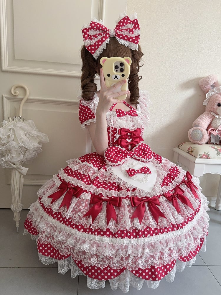 Dress Pattern Old Red Dots Short Polka School Sleeves Bow Accents Lolita