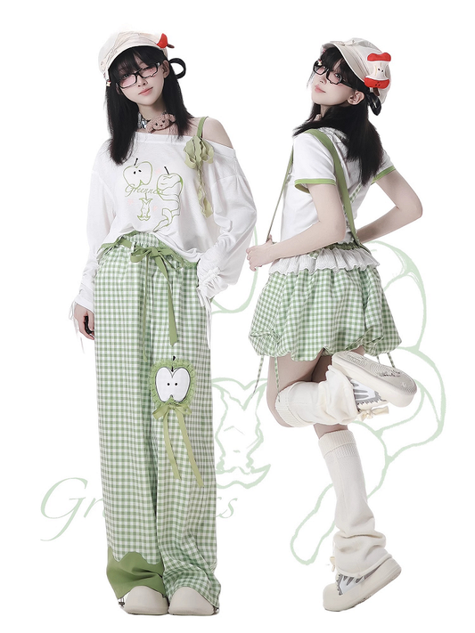Green Plaid Pattern Apple Embroidery Drawstring Cuffs Belt Casual Pants with Self-tie