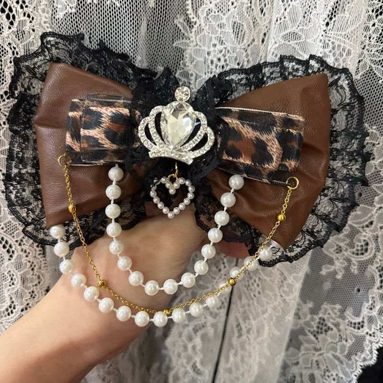 Rhinestone Hairclip Beaded Lace Pattern Trim Bowknot BlackBrown Crown Decorated Charm Leopard