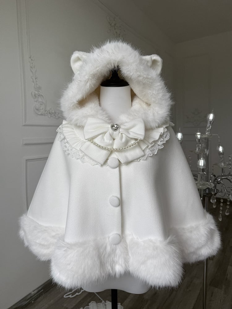 Cape Winter Woolen Faux Hooded Edging with Cat-Ear Fur Lolita White