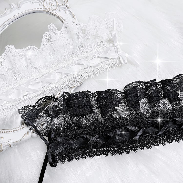 Schwarz/weißes Jirai Kei Criss-Cross-Band-Haarband mit Schleife und Spitzenbesatz