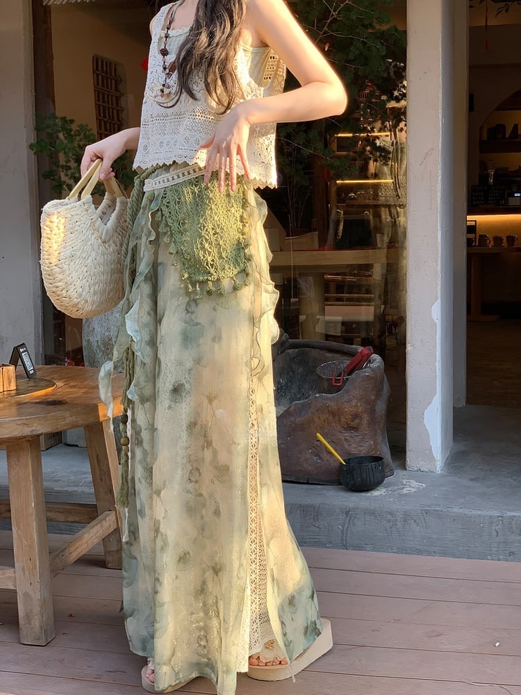Accessory Dye Wide-Leg Pants Version Detachable with Regular/Short Knitted Mori Kei Green Tie
