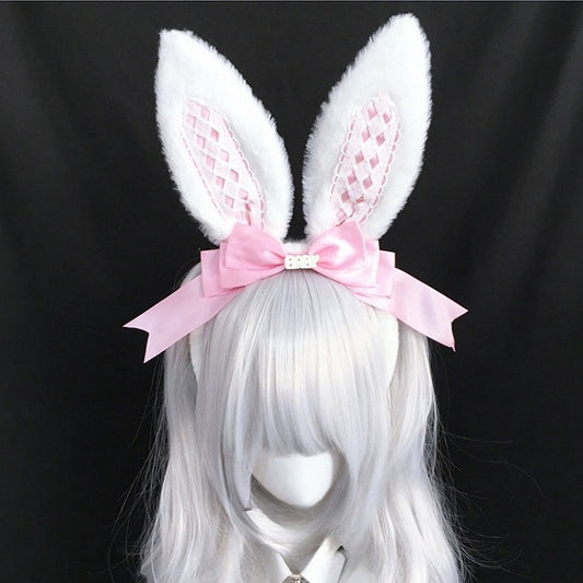 Bow Decorated Alice Diamond KC White Pattern Ear Bunny Lolita Faux Pink/Red/Black/Black with Vibes