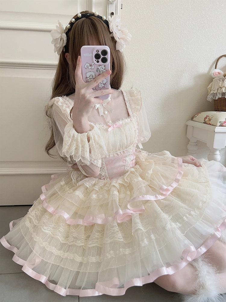 Waist Balletcore Print Bows Jumper Pink Skirt Basque Lolita