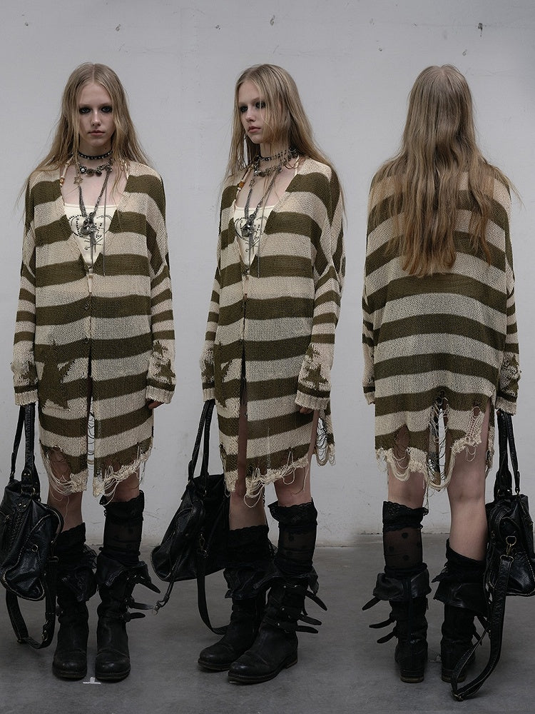 Pattern Striped Punk Cardigan Wasteland Green