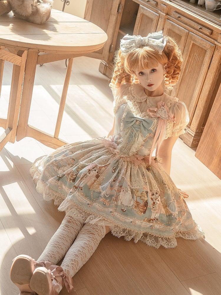 Tea Party Korsett Print Mieder Pullover Kitty Kleid süßer Rock grün Mint Lolita