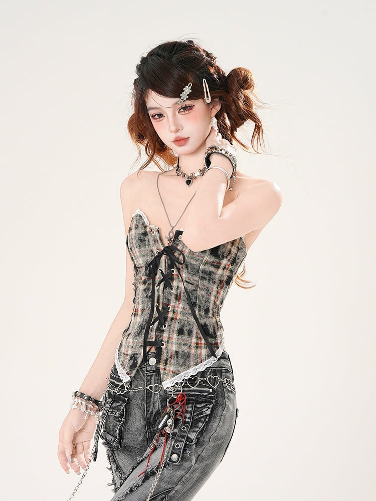Leopard and Strapless Top Pattern Plaid Brown/Blue Lace-up Front Lace Trim