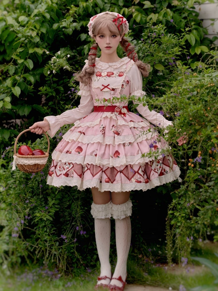 Knielanger Lolita-Rock mit gestuftem Saum und rosa Apfel-Print