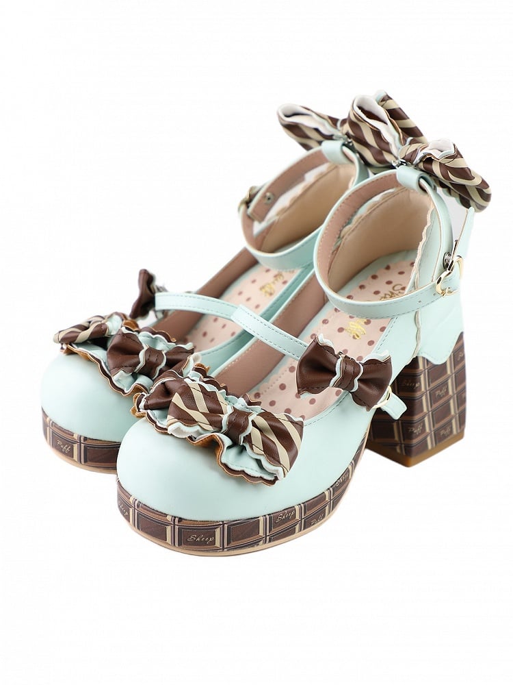Buckle Platform GreenBrown Heels Bowknot Heart Chocolate Janes Mary Block High Details Striped