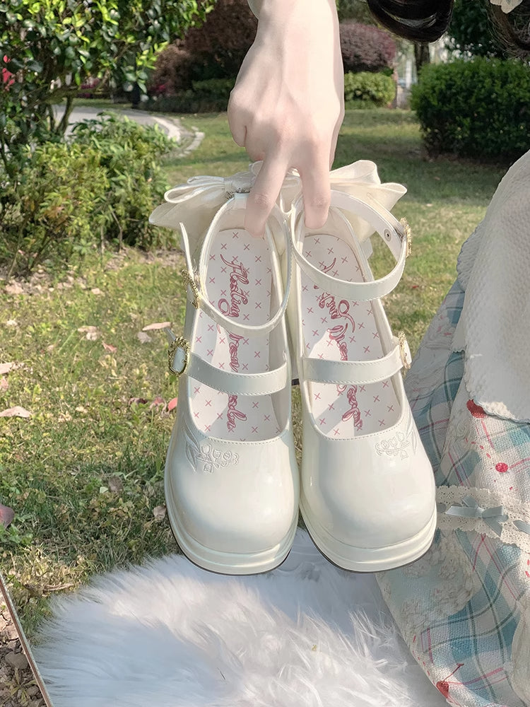 Lily Polished the Heels White Mary Middle Janes Detachable Valley Embroidery Bowknot of