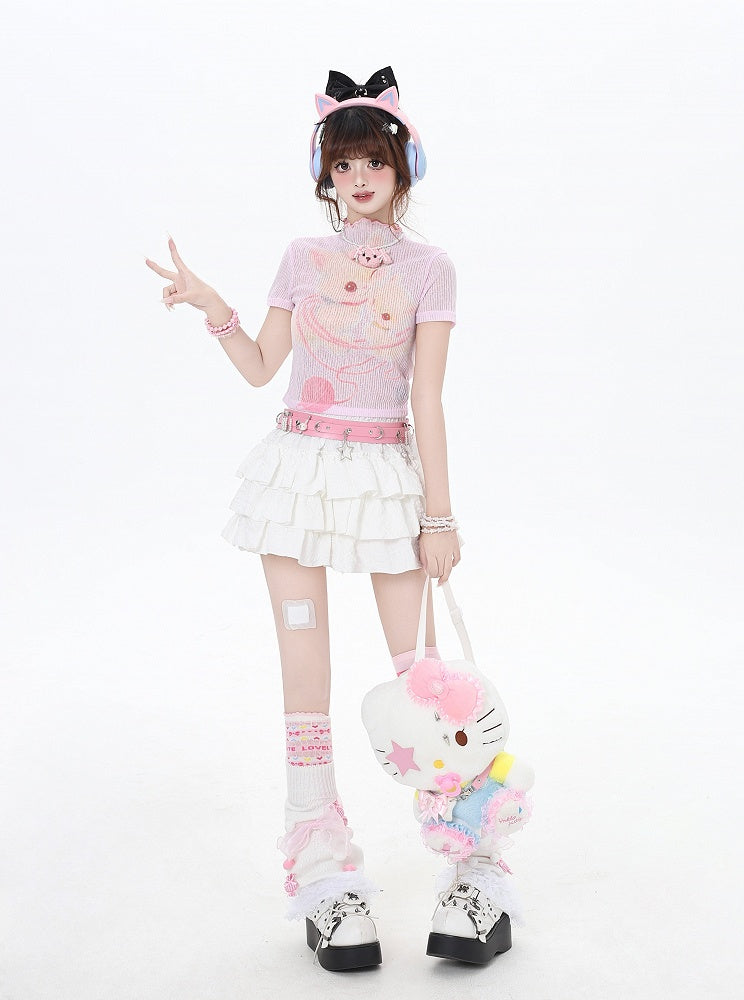 Cropped Beige/Light Pink Yume T-Shirt Adorable Animal Print Semi-sheer Kawaii