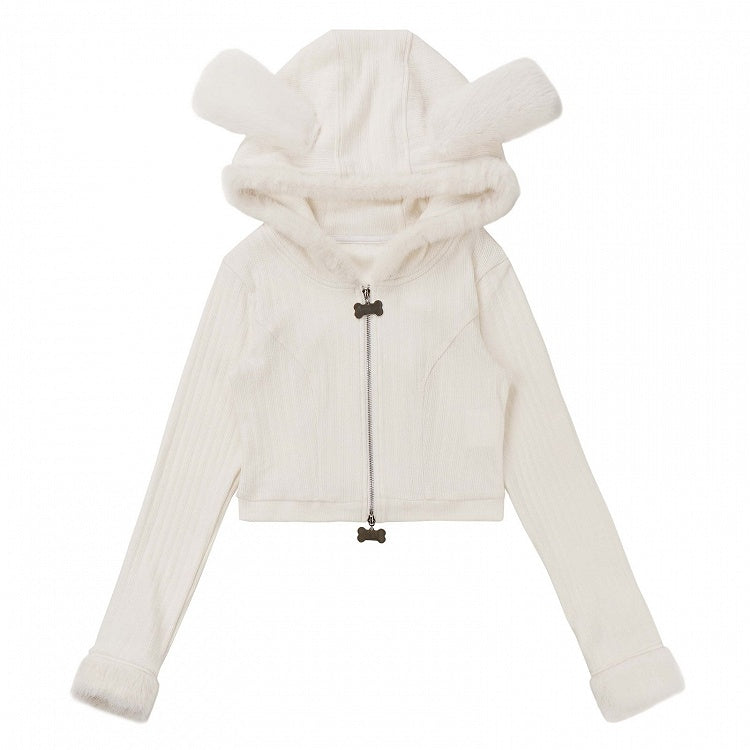 Cardigan Puppy Ears Hooded White Plush