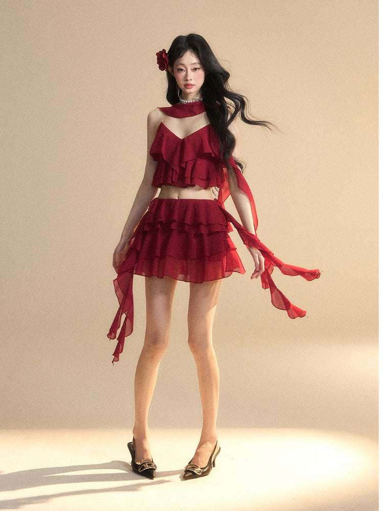 Asymmetrical Ruffled Hem Slim-fitting Mini Tiered Skirt Red Chiffon