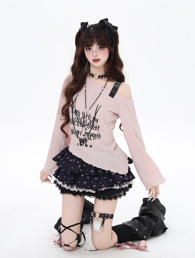 Top Pink/Black PU Strap Graphic Buckle Asymmetrical Neckline