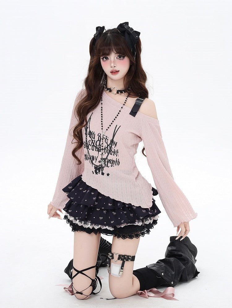 Top Pink/Black Strap Graphic Asymmetrical Neckline PU Buckle