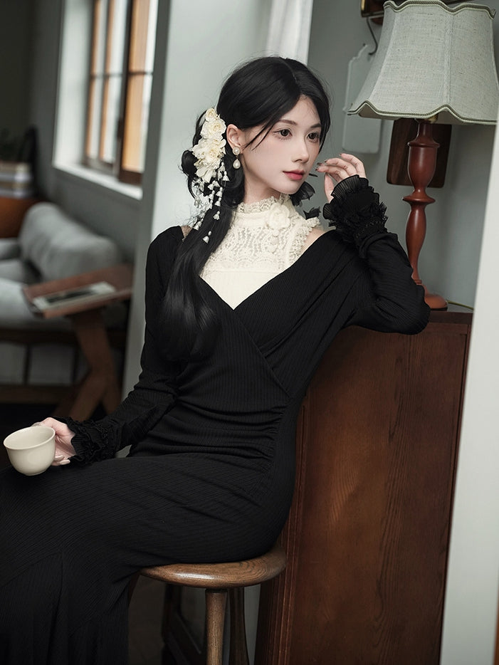 V-Neck Deep + Dress Knit Slim-Fit Sleeveless Flower Hairclip Top Black Beige Mermaid Elegant